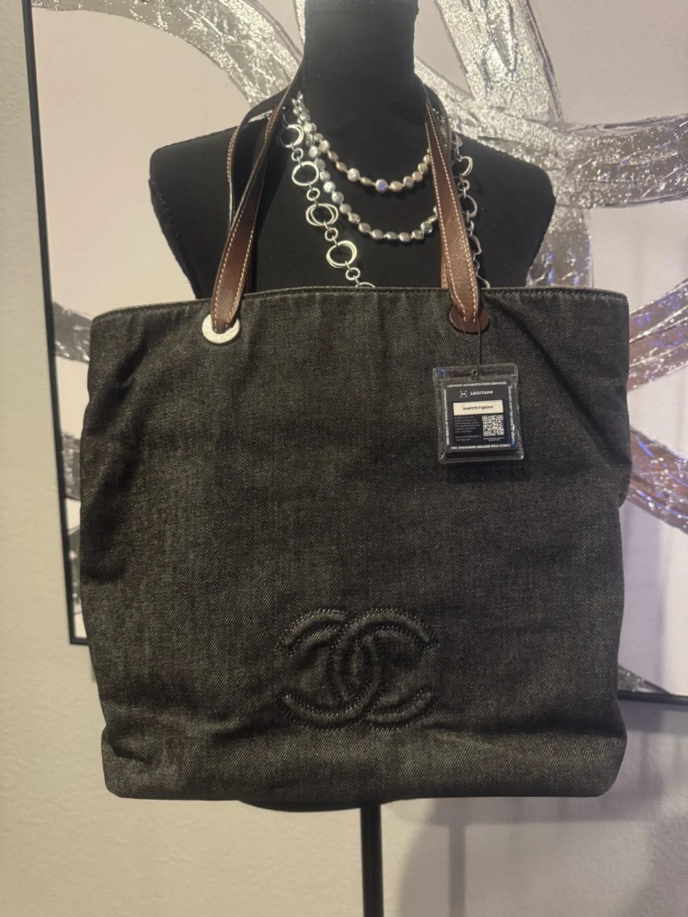 CHANEL Dark Gray Denim Tote with Brown Leather Straps - Picture 10 of 16